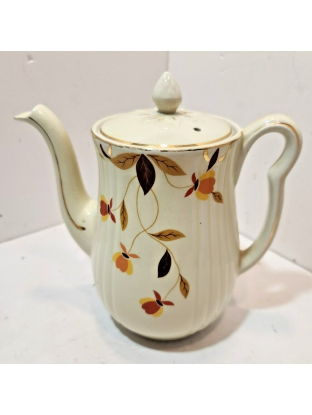 Vtg Hall Autumn Leaf Rayed Tea Pot With Long Spout & Lid MCM Mary Dunbar